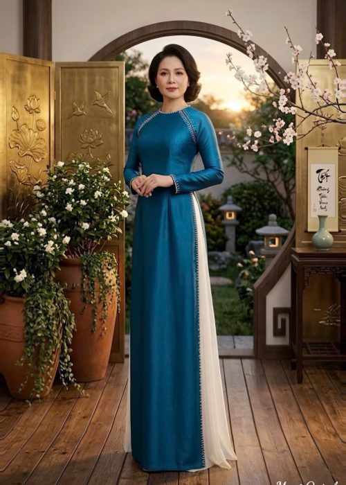 Áo dài lụa vân gãy đính kết