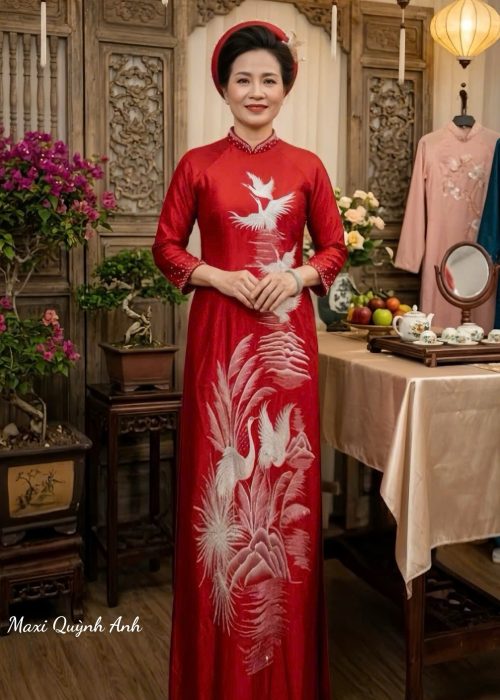 Áo dài đỏ thêu ép đá cao cấp