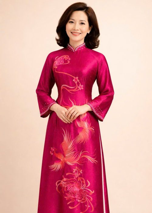 Áo dài hồng thêu cao cấp