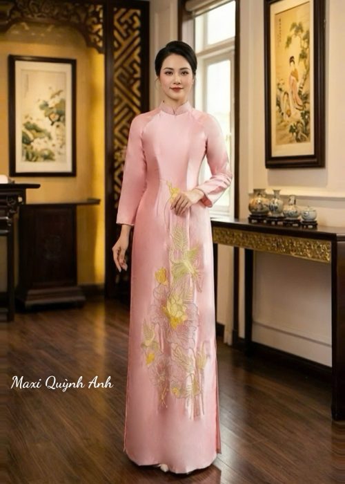 Áo dài cưới hồng thêu ép đá cao cấp