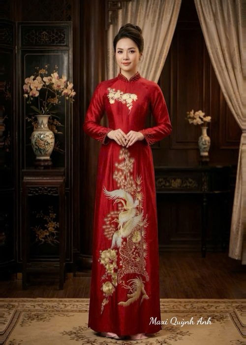 Áo dài trung niên thêu đỏ cao cấp