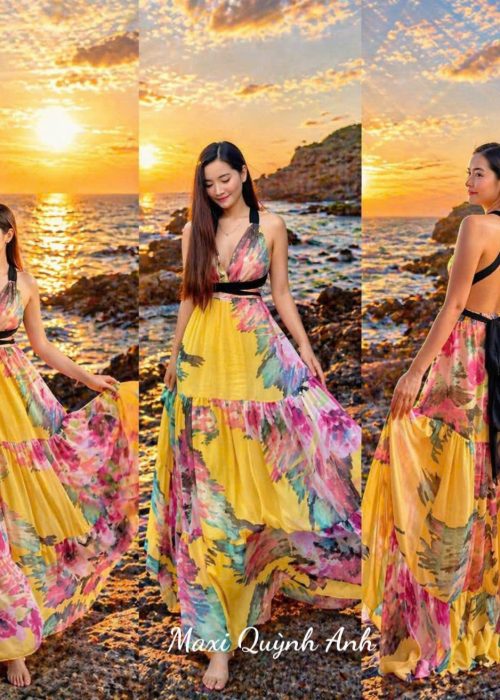 Maxi Thắt Dây Ngực Phối Hoa