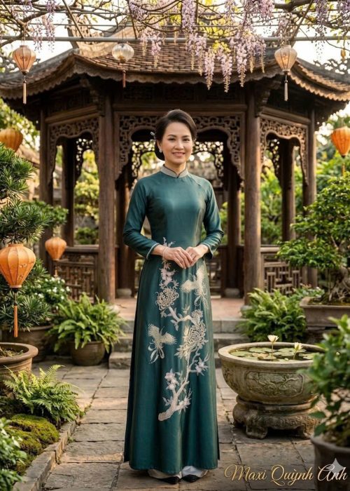 Áo Dài Sui Xanh Thêu
