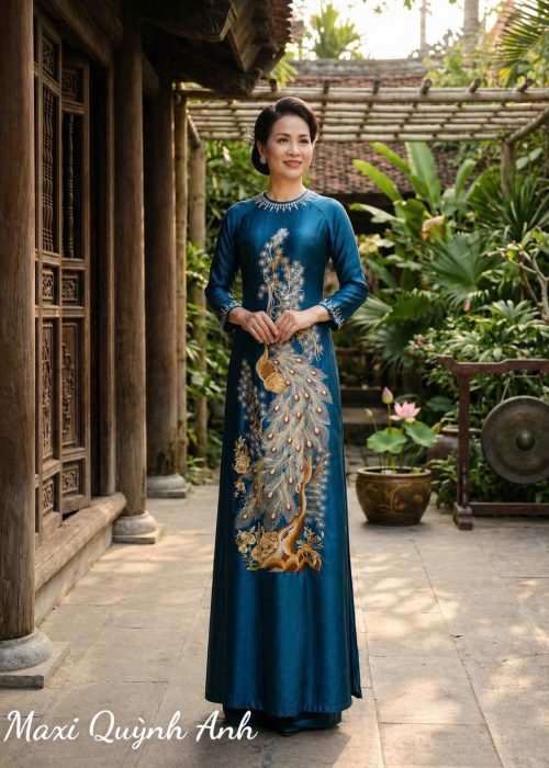 Áo Dài Sui Thêu Xanh