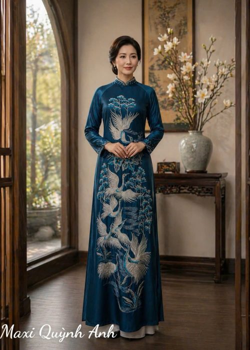 Áo dài thêu chim công