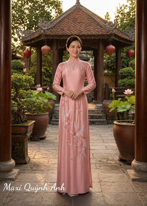 Áo dài sui hồng song phụng