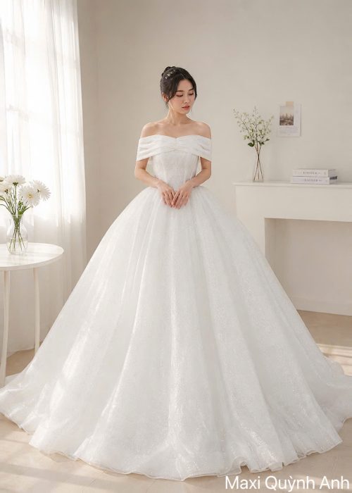 Váy Cưới Kim Sa Trễ Vai Basic