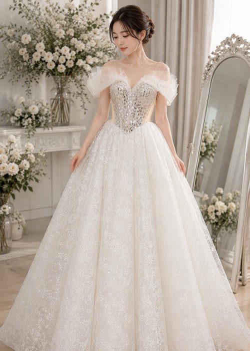 Váy cưới trễ vai kim sa cao cấp