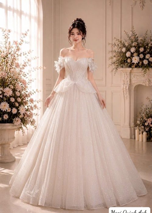 Váy Cưới Trễ Vai Kim Sa Phối Nơ