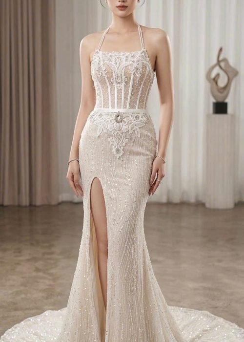 Váy Cưới Kim Sa Trễ Vai Phối Cổ Yếm