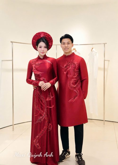 Cặp Áo Dài Cưới Đỏ Thêu Kết