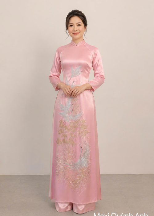 Áo Dài Sui Hồng Thêu Kết