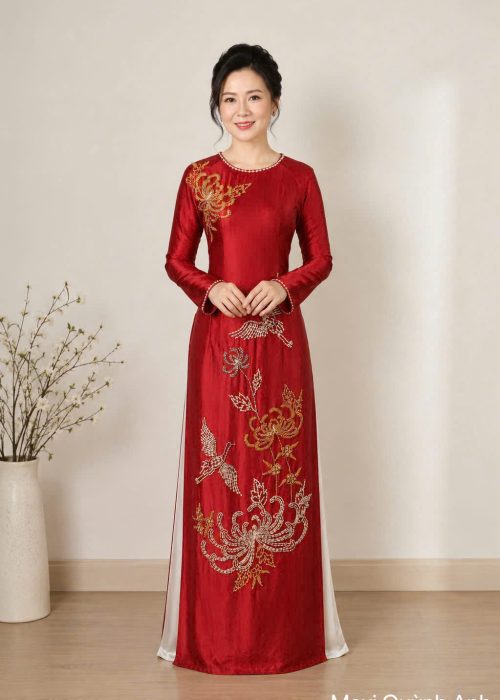 Áo dài sui đỏ liên hoa