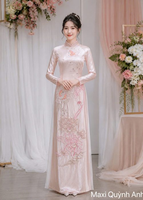 Áo Dài Cưới Hồng Thêu
