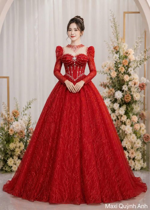Váy Cưới Đỏ Tay Dài