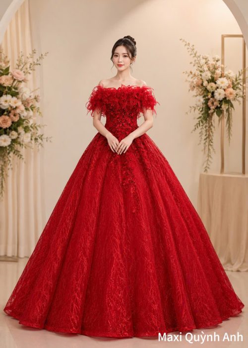 Váy Cưới Đỏ Trễ Vai Hoa